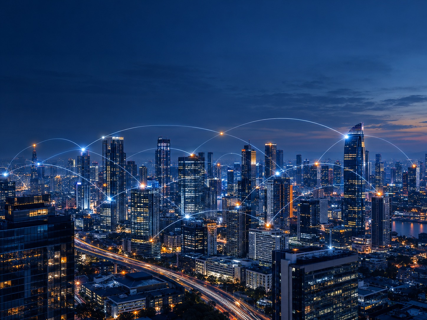 Connected city skyline at night representing Indonesia's digital infrastructure