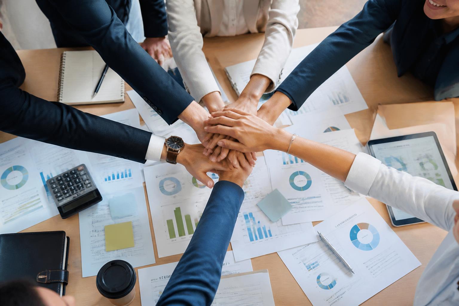 Calpadia team joining hands over project documents